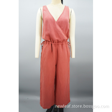 Women Casual V-neck Wide Leg Sleeveless Wrap Jumpsuit